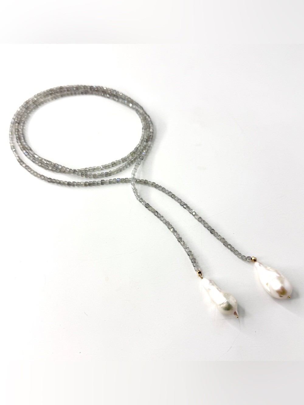 Long Gray Labradorite Necklace, Baroque Pearl Pendant, Lariat Wrap Necklace